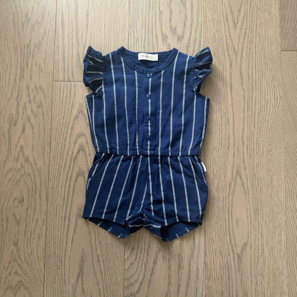 Miles - Blue Stripe Ruffle-Sleeve Kids Romper (6M)